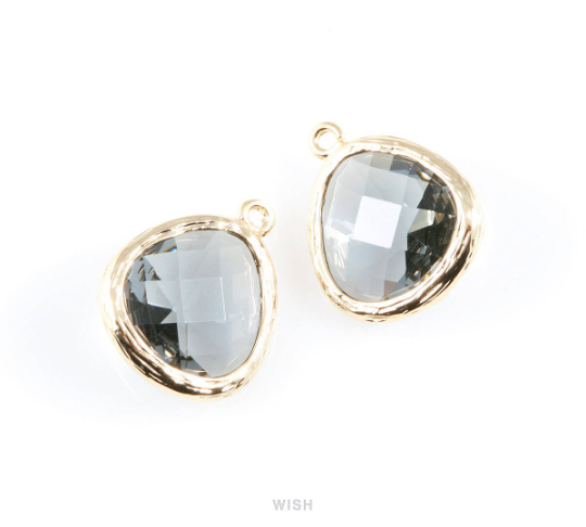 Gray Faceted Glass Charm in Rhodium, Framed Pendant / GGYRH-036-P