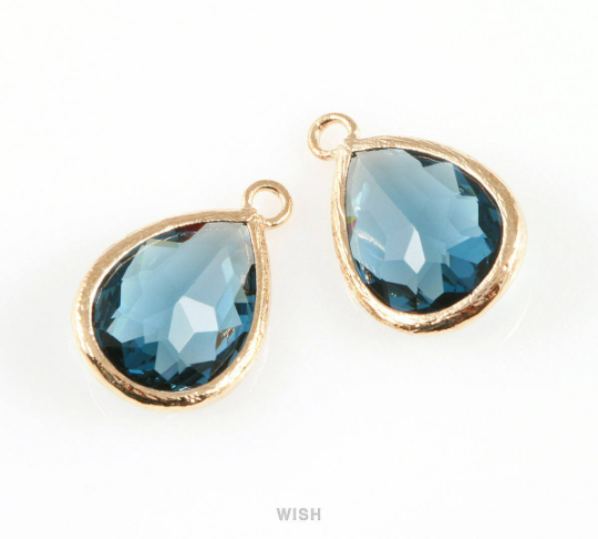 Montana Blue Teardrop Glass Charm in Rhodium, Drop Glass Gem / GMBRH-005-P
