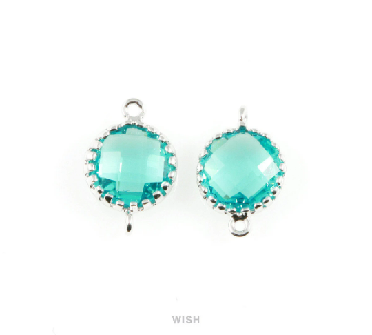 Blue Zircon Faceted Glass Connector in Gold, Framed Round Connector / GBZG-008-P