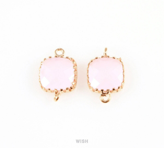 Rose Quartz Faceted Glass Connector in Rhodium, Framed Square Connector/ GRQRH-007-P