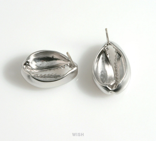 Cowry Seashell Stud Earrings in Matte Rhodium, Cowry Shell Earrings / MMRH-591-E