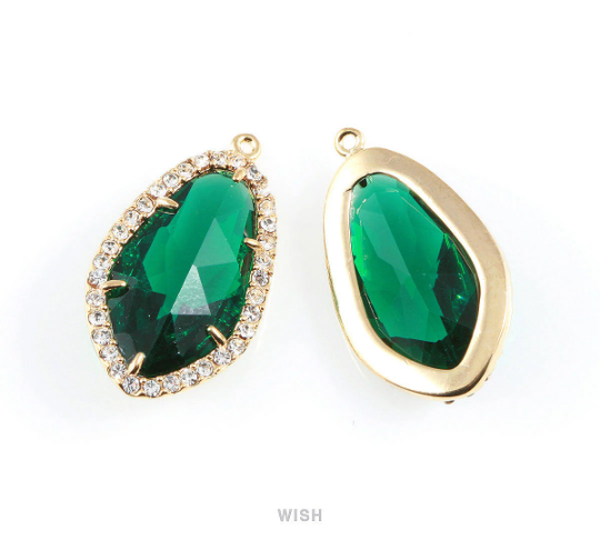 Briolette Emerald Glass with Rheinstone in Rhodium, Framed Pendant / GEMRH-043-P