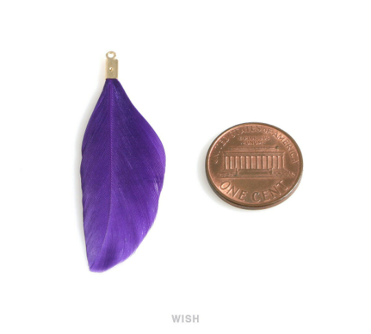 4 Purple Genuine Feather with Gold Loop, Feather Charm / FPUG-001-P