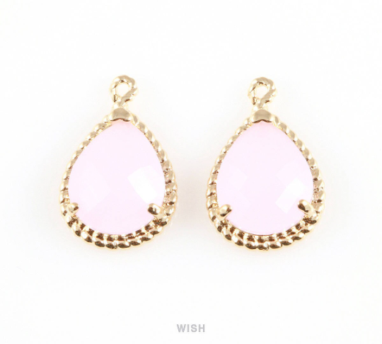 Rose Quartz Teardrop Glass Charm in Rhodium, Framed Drop Glass Gem / GRQRH-006-P