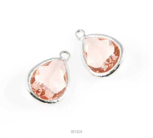 Peach Teardrop Glass Charm in Gold, Framed Drop Glass Gem /GPCG-005-P