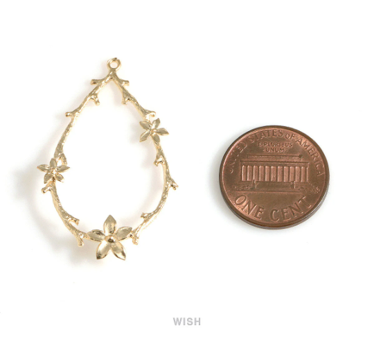 Flower Branch Teardrop Pendant in Matte Gold, Flower on Drop Twig Charm / MMG-641-P