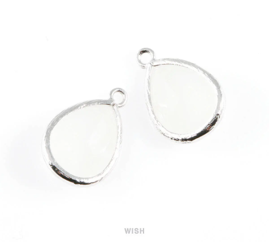 White Alabaster Teardrop Glass Charm in Gold, Framed Drop Glass Gem / GWAG-005-P