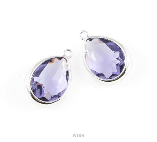 Amethyst Teardrop Glass Charm in Gold, Framed Drop Glass Gem / GTZG-016-P