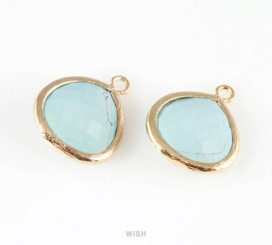 Turquoise Faceted Glass Charm in Rhodium, Framed Glass Bead / GTQRH-001-P (Large)