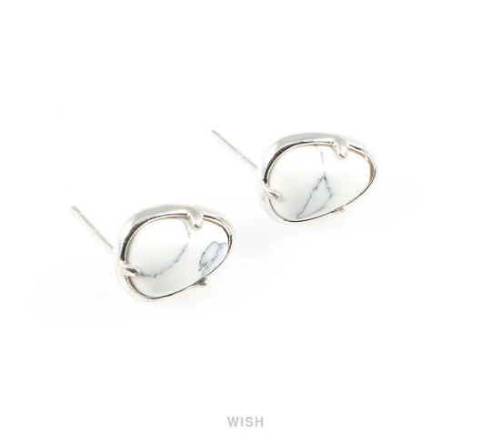 Howlite Teardrop Stone Earrings in Gold, Gemstone Framed Ear Post / SHTG-068-E