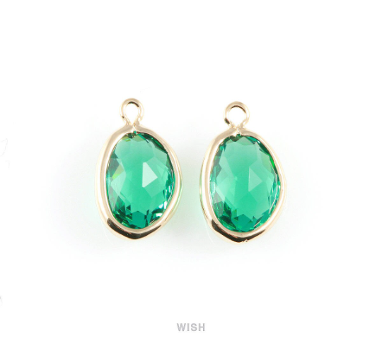 Emerald Pear Glass Charm in Rhodium, Glass Framed Pendant / GEMRH-040-P
