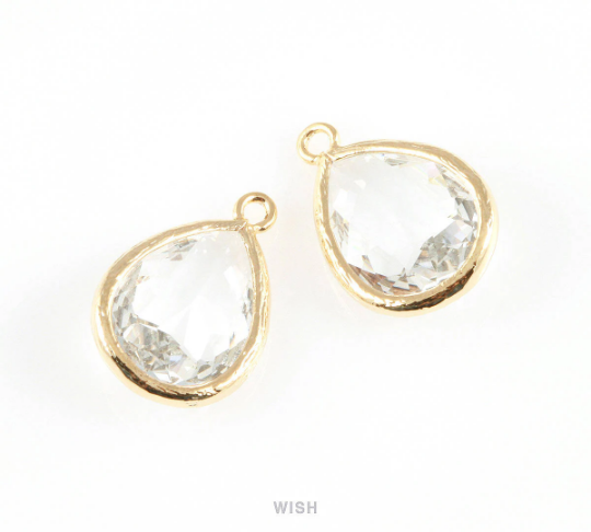 Clear Teardrop Glass Charm in Rhodium, Framed Drop Glass Gem / GCLRH-005-P