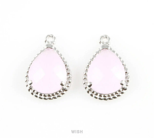 Rose Quartz Teardrop Glass Charm in Gold, Framed Drop Glass Gem/ GRQG-006-P