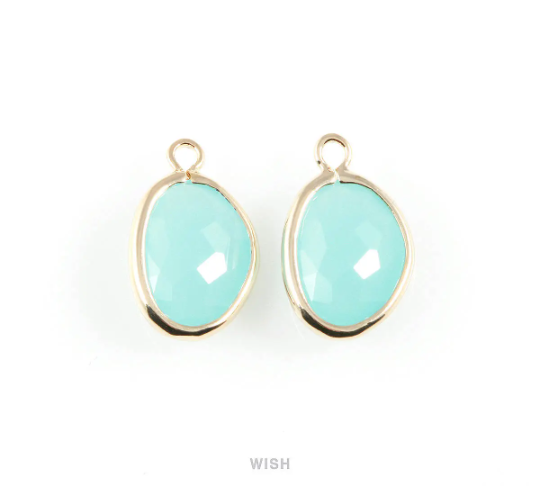 Ocean Blue Pear Glass Charm in Rhodium, Glass Framed Pendant / GOBRH-040-P