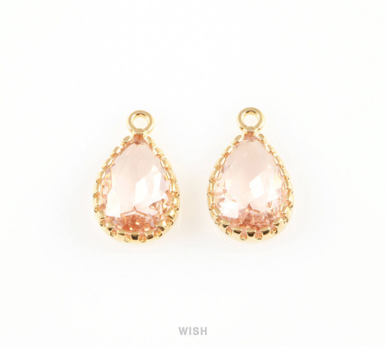Peach Teardrop Glass Charm in Rhodium, Framed Drop Glass Gem / GPCRH-017-P