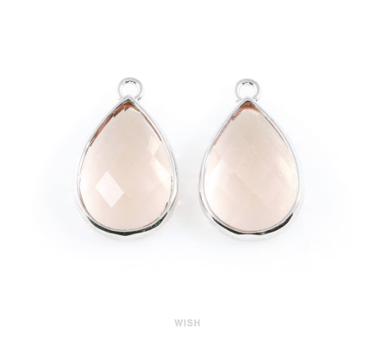 Peach Teardrop Glass Charm in Gold, Framed Drop Glass Gem / GPCG-037-P