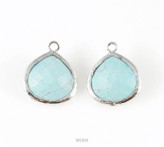 Turquoise Faceted Glass Charm in Gold, Framed Glass Bead / GTQG-001-P