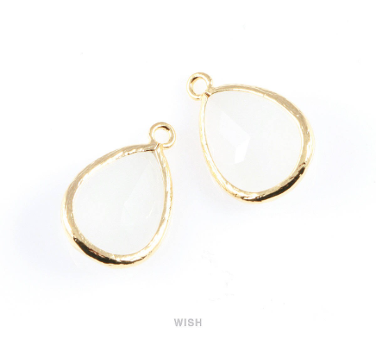 White Alabaster Teardrop Glass Charm in Rhodium, Framed Drop Glass Gem / GWARH-005-P