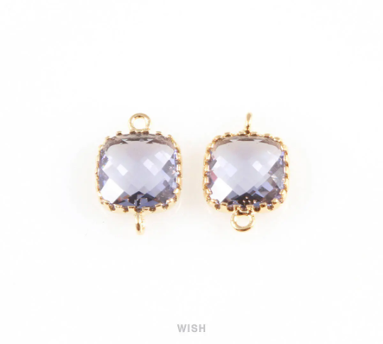Amethyst Faceted Glass Connector in Rhodium, Framed Square Connector / GTZRH-007-P