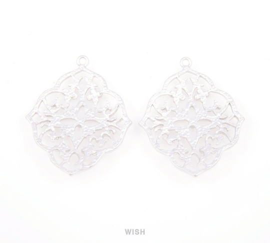 Floral Shield Pendants in Matte Rhodium, Oriental Floral Charm / MMRH-057-P