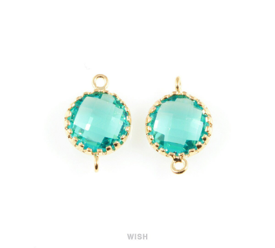 Blue Zircon Faceted Glass Connector in Rhodium, Framed Round Connector/ GBZRH-008-P