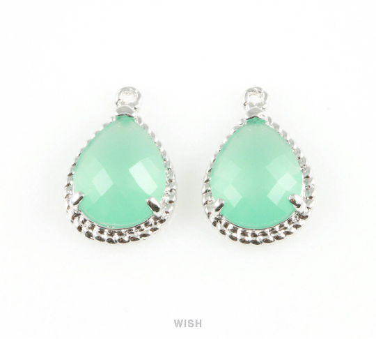Mint Teardrop Glass Charm in Gold, Framed Drop Glass Gem / GMTG-006-P