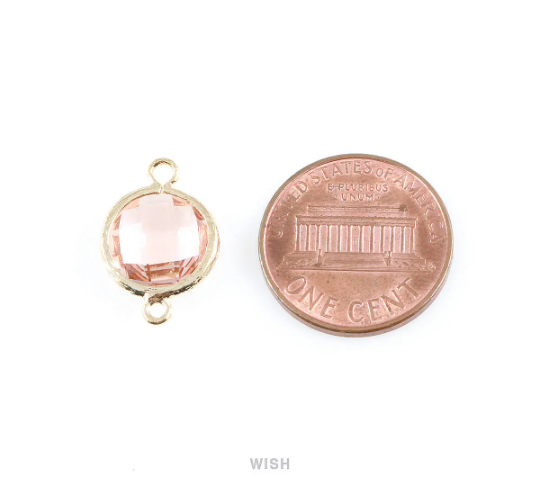 Clear faceted Glass Connector in Gold, Framed Round Glass Bead / GCLG-014-P