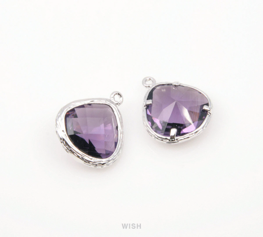 Amethyst Faceted Glass Drop Charm in Rhodium, Amethyst Charms / GTZRH-036-P