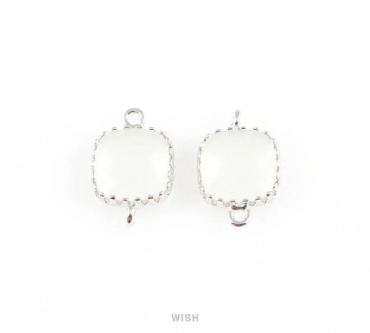 White Alabaster Faceted Glass Connector in Gold, Framed Square Connector / GWAG-007-P