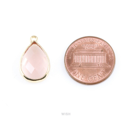 Rose Quartz Teardrop Glass Charm in Rhodium, Framed Drop Glass Gem / GRQRH-037-P