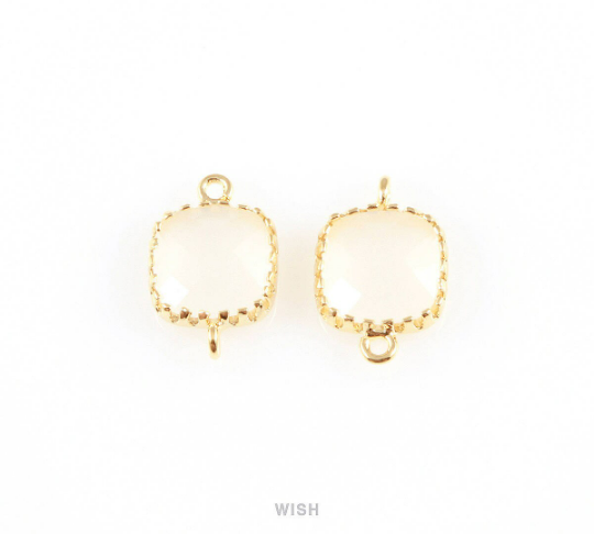 White Alabaster Faceted Glass Connector in Rhodium, Framed Square Connector/ GWARH-007-P