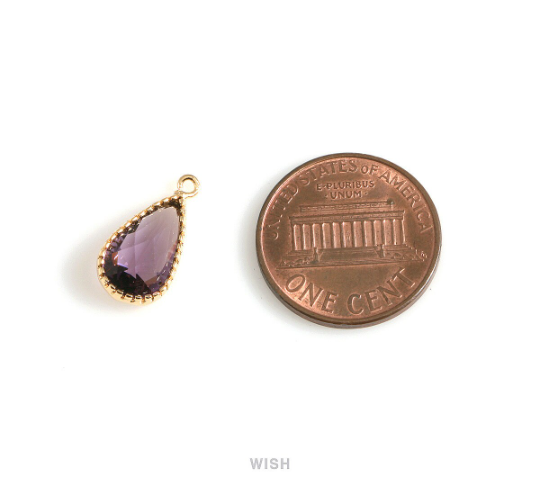 Amethyst Glass Drop Charm in Gold, Tanzanite Teardrop Pendant / STZG-117-P
