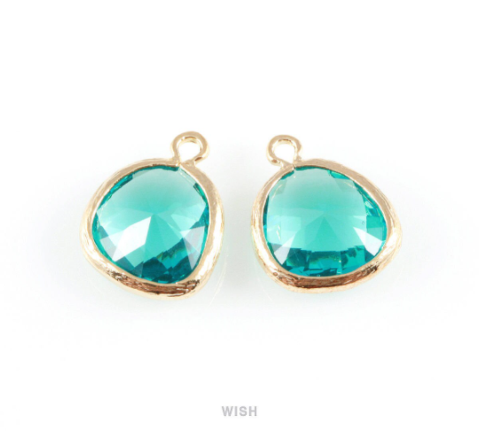 Blue Zircon Faceted Glass Charm in Rhodium, Framed Drop Glass Gem / GBZRH-004-P (Medium)