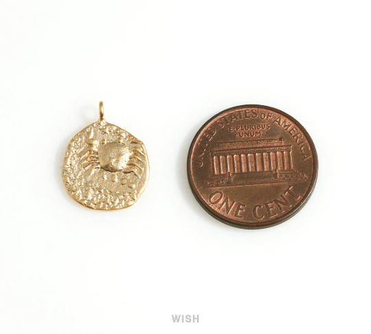 Crab on Hammered Circle Charm in Matte Gold, Cancer on Circle Pendant / MMG-676-P