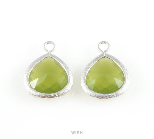 Dark Olivine Faceted Glass Charm in Gold, Framed Drop Glass Bead / GDOG-002-P (Medium)