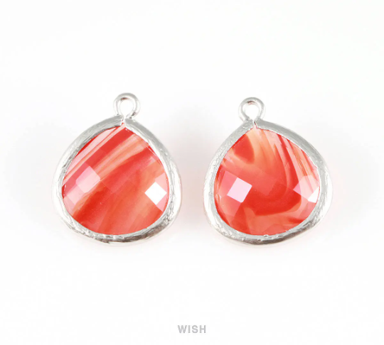 Red Marble Faceted Glass Charm in Gold, Framed Drop Glass Bead / GRMG-001-P (Large)