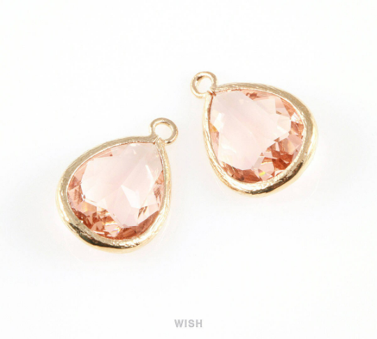 Peach Teardrop Glass Charm in Rose Gold, Framed Drop Glass Gem / GPCRG-005-P
