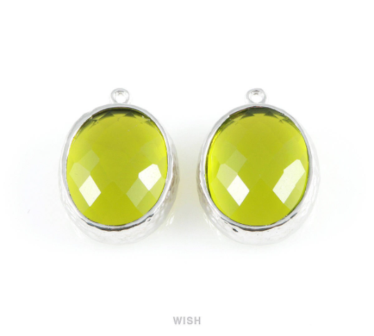 Dark Apple Faceted Glass Charms in Gold, Framed Oval Pendant / GDAG-009-P