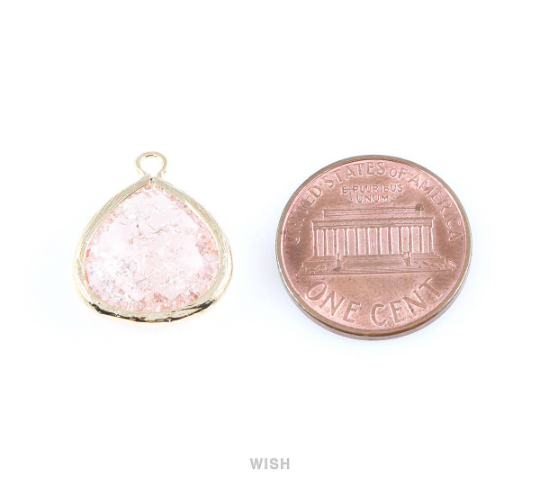 Peach Sparkle Glass Charm in Gold, Framed Drop Glass Bead / GPCG-012-P