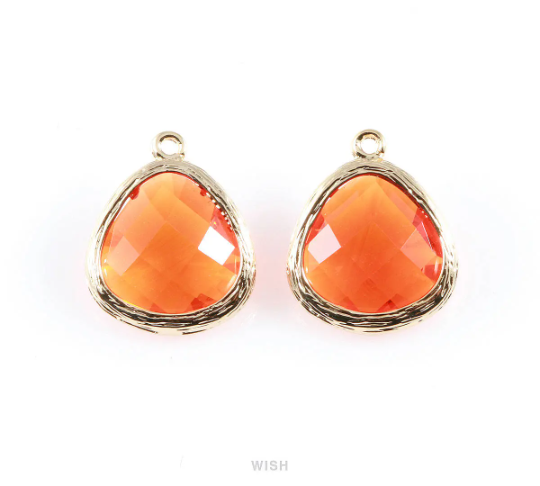 Citrine Faceted Glass Charm in Rhodium, Framed Pendant / GCNRH-036-P