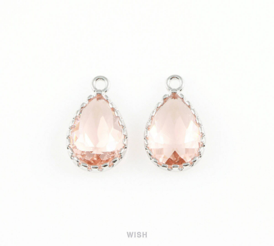 Peach Teardrop Glass Charm in Gold, Framed Drop Glass Gem / GPCG-017-P