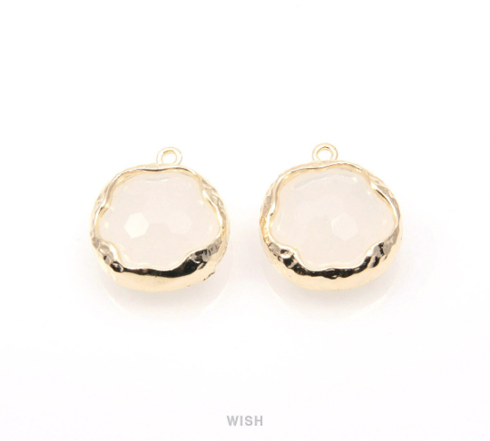 White Alabster Faceted Glass Charms in Rhodium, Framed Round Pendant / GWARH-090-P