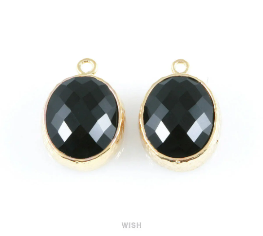 Jet Faceted Glass Charms in Rhodium, Framed Oval Pendant / GJTRH-009-P