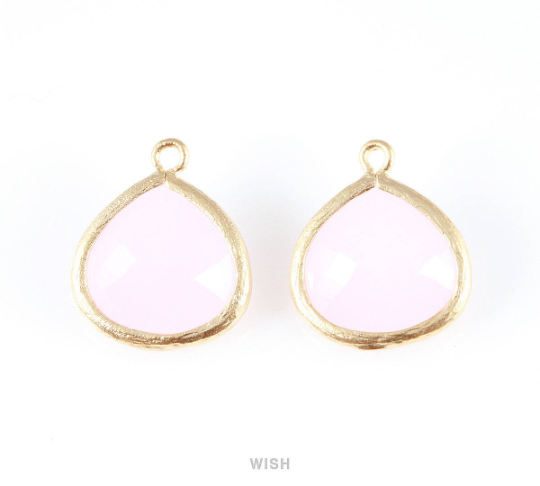 Rose Quartz Faceted Glass Charm in Matte Rhodium, Framed Glass Bead / GRQMRH-001-P (Large)
