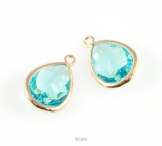 Aquamarine Teardrop Glass Charm in Rhodium, Framed Drop Glass Gem /GAQRH-005-P