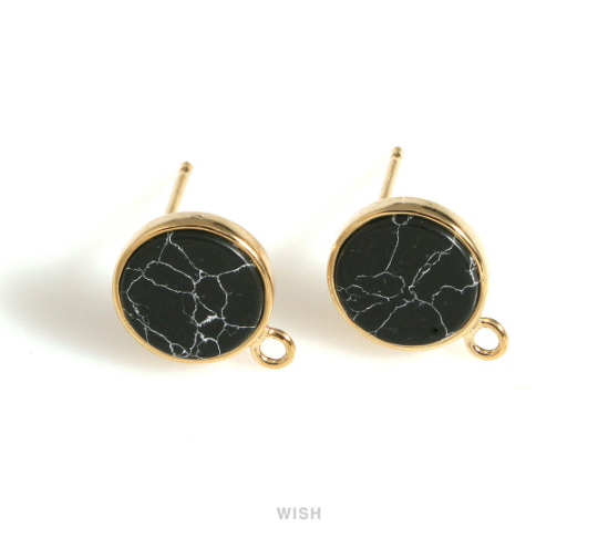 Black Marble Round Stone Stud Earrings in Rhodium, Gemstone Stud Earrings / SBMRH-058-E
