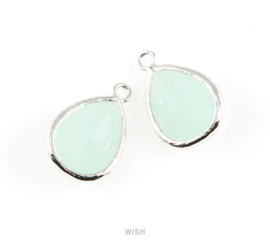 Alice Blue Teardrop Glass Charm in Gold, Framed Drop Glass Gem / GABG-005-P