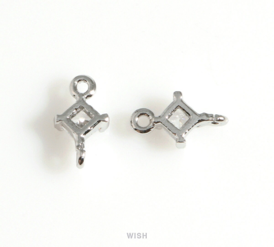 Diamond Shape Cubic Zirconia Connector in Rhodium, Dainty CZ Charm / CRH-085-P (4pcs)