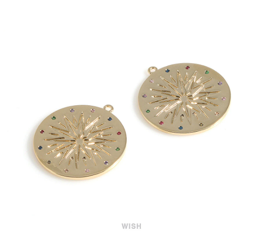 Large Gold Star Disc with Birthstone Pendant, Multi Color Coin Gemstone / MG-428-P2 (1pcs)