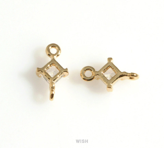 Diamond Shape Cubic Zirconia Connector in Gold, Dainty CZ Charm / CG-085-P (4pcs)